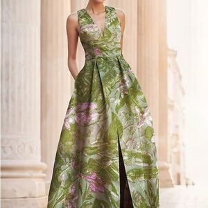 Elegant Green Floral Evening Gown